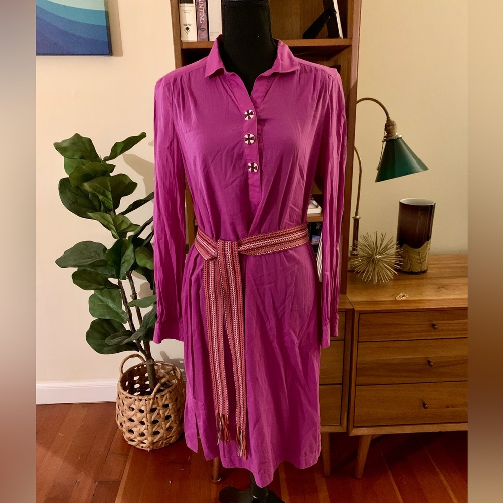 Tory Burch Women’s Collared Long Sleeve Belted Cotton Dress Size 8